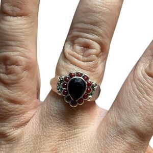 Silver Ring with‎ Red and Black Gemstones